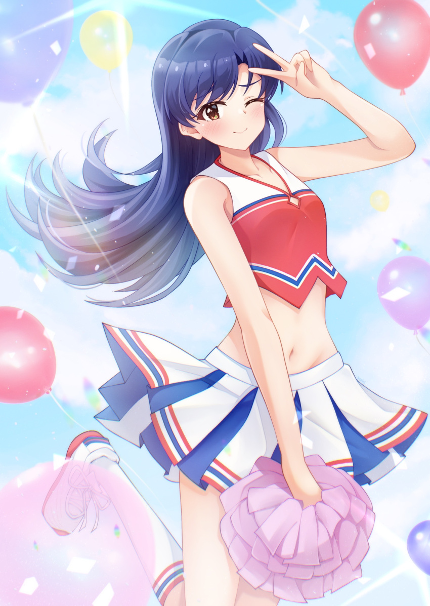 1girl, balloon, bare_arms, blue_sky, blush, clouds, cloudy_sky, highres