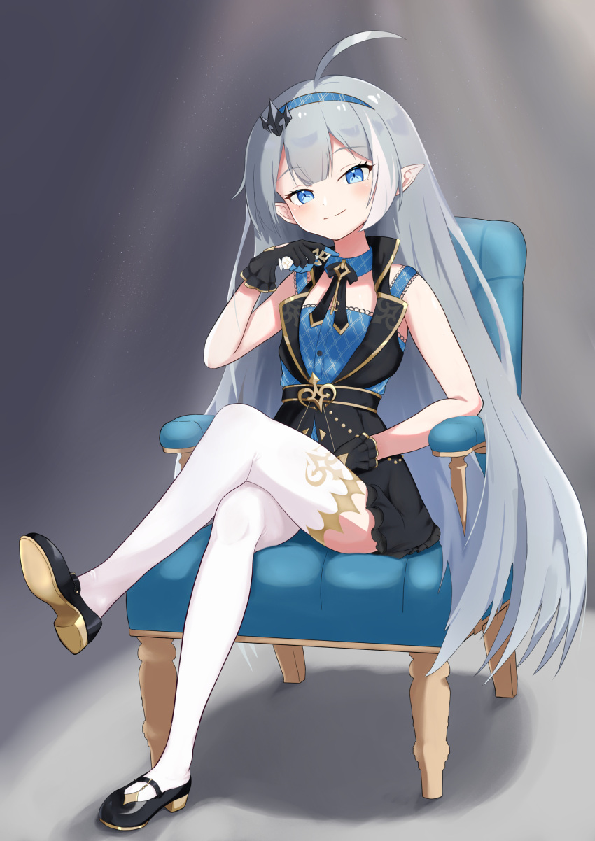 1girl, ahoge, black_bow, black_bowtie, black_gloves, black_vest, blue_dress, blue_eyes, blue_hairband, blunt_bangs, bow, bowtie, chess_piece, closed_mouth, commentary_request, couch, detached_collar, dress, female_tyrant_(stella_sora), frilled_gloves, frills, full_body, gloves, grey_hair, hairband, high_collar, highres, holding, holding_chess_piece, key, kuma87609, long_hair, looking_at_viewer, on_couch, plaid_clothes, plaid_dress, plaid_hairband, sitting, sleeveless, sleeveless_dress, solo, stella_sora, teeth, thigh-highs, tyrant_(stella_sora), vest, white_thighhighs