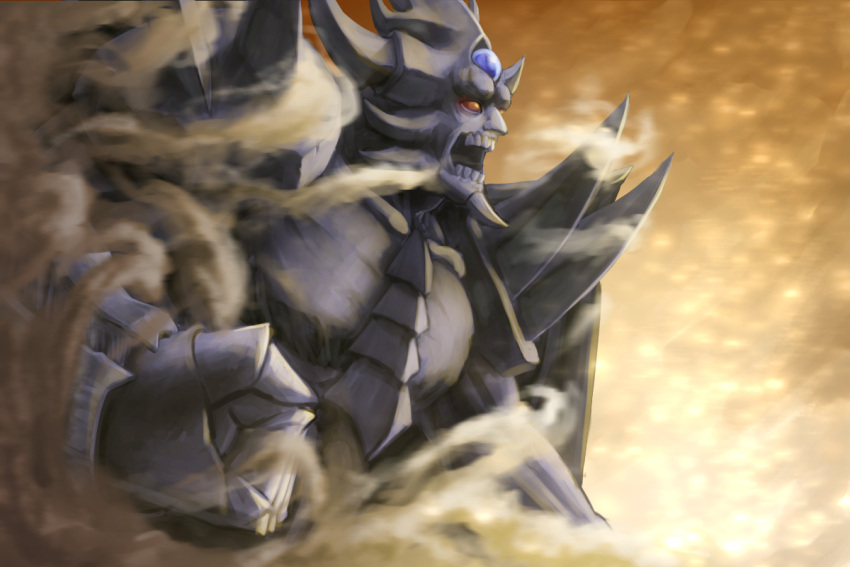 blue_skin, clenched_hand, colored_skin, crypthiyama, duel_monster, forehead_jewel, no_humans, obelisk_the_tormentor