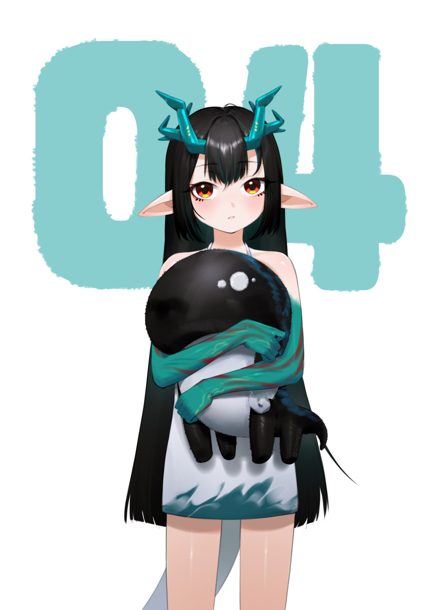 1girl, absurdres, aged_down, aqua_skin, arknights, bare_shoulders, black_hair, blush