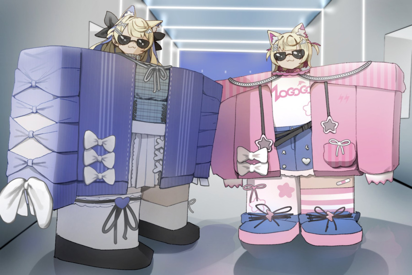 2girls, animal_ears, asymmetrical_legwear, black_shoes, blonde_hair, blue_jacket, blue_shirt, blue_shoes, blue_shorts, churiro_art, commentary, commission, dog_ears, dog_girl, english_commentary, fuwawa_abyssgard, fuwawa_abyssgard_(casual), highres, hololive, hololive_english, i_love_it_(song), jacket, long_hair, mococo_abyssgard, mococo_abyssgard_(casual), multiple_girls, open_clothes, open_jacket, pink_jacket, pleated_skirt, shirt, shoes, shorts, skirt, sunglasses, uneven_legwear, virtual_youtuber, white_shirt, white_skirt