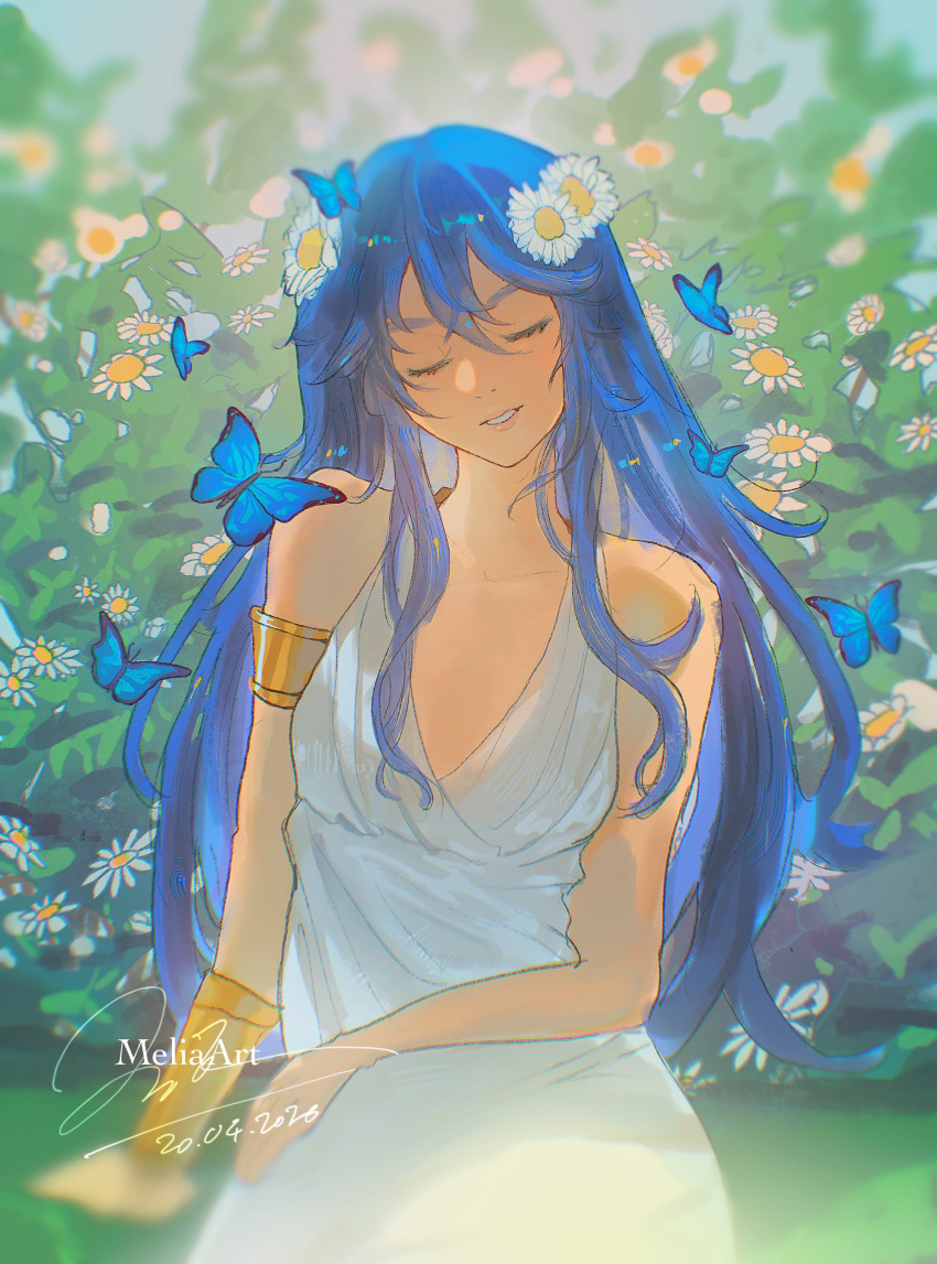 1girl, absurdres, armlet, bare_arms, bare_shoulders, birthday, blue_butterfly, blue_hair, bracelet, breasts, bug, butterfly, closed_eyes, daisy_(flower), dress, eyelashes, fire_emblem, fire_emblem_awakening, fire_emblem_heroes, flower, gold_armlet, gold_bracelet, hair_flower, hair_ornament, highres, jewelry, light_smile, lucina_(fire_emblem), lucina_(valentine)_(fire_emblem), makeup, melia_art, nature, official_alternate_costume, open_mouth, parted_lips, sitting, solo, teeth, watermark, white_dress
