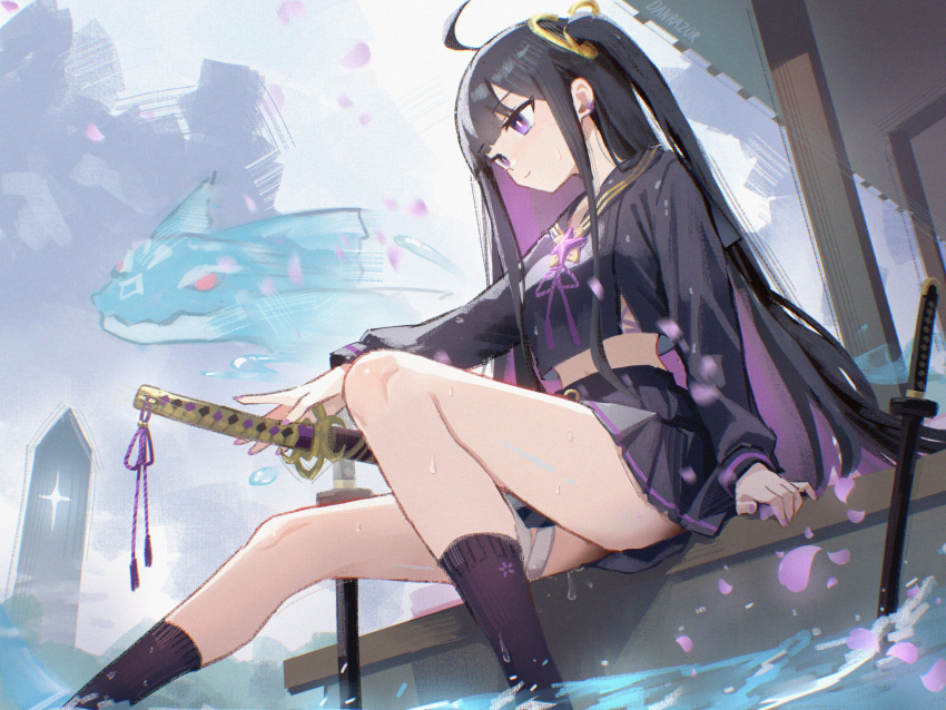 1girl, ahoge, bandaged_leg, bandages, black_sailor_collar, black_shirt, black_skirt, breasts