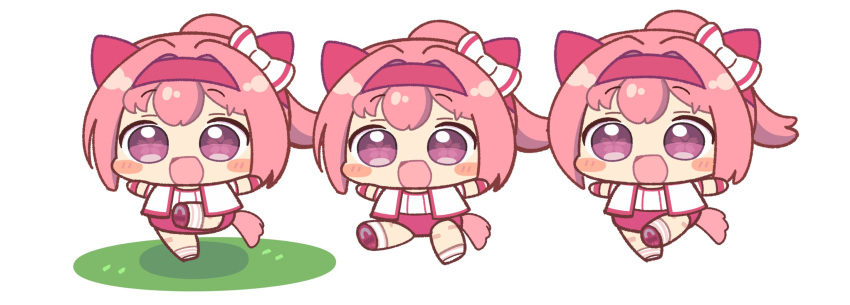 1girl, animal_ears, bandaid_on_thigh, blush, bow, bow_earrings, buruma, chibi