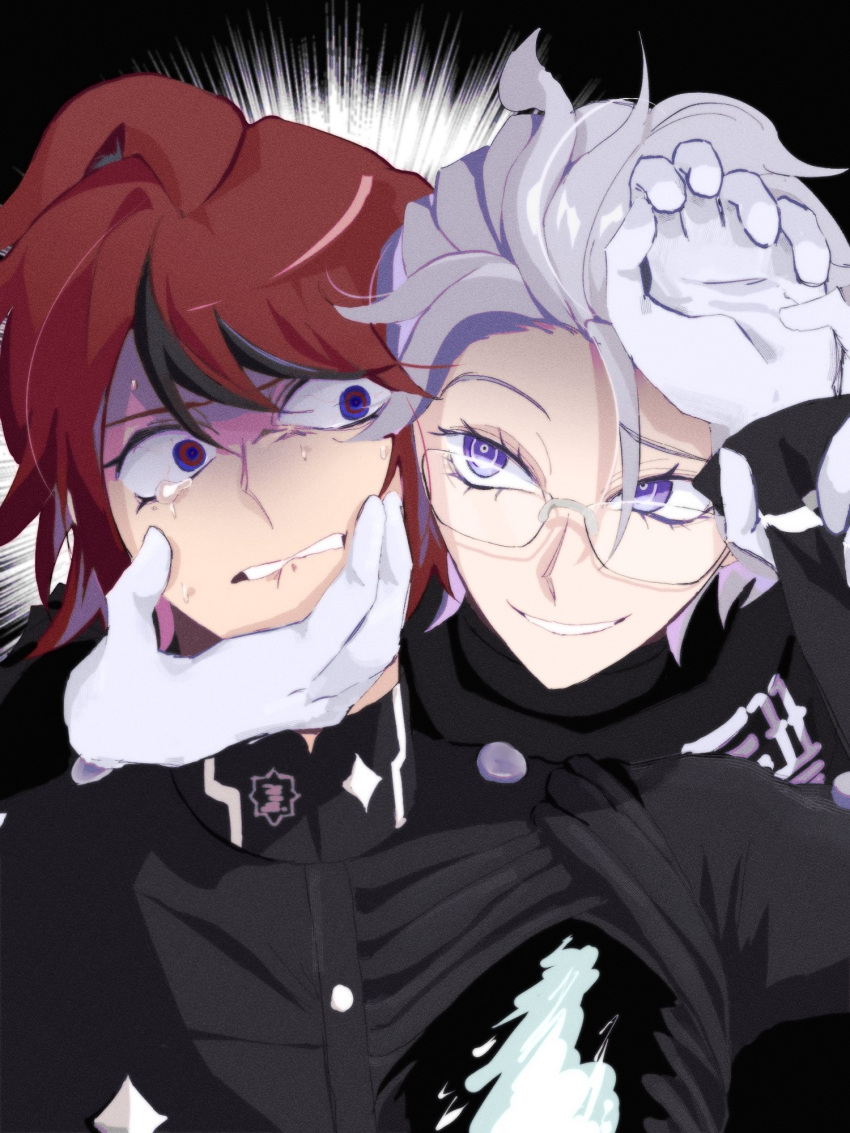 2boys, ahoge, aotsuki_eito, black_background, black_jacket, black_streaks, blue_eyes, bumbamun, commentary_request, evil_smile, gakuran, glasses, gloves, grabbing_another's_face, grey_hair, hair_slicked_back, head_grab, highres, holding_another's_wrist, hole_in_chest, hole_on_body, jacket, korean_commentary, last_defense_academy_school_uniform, looking_at_another, male_focus, multicolored_hair, multiple_boys, official_alternate_hairstyle, red_hair, school_uniform, short_hair, smile, spoilers, streaked_hair, sumino_takumi, tearing_up, the_hundred_line_-last_defense_academy-, two-tone_background, two-tone_hair, violet_eyes, white_background, white_gloves, wide-eyed