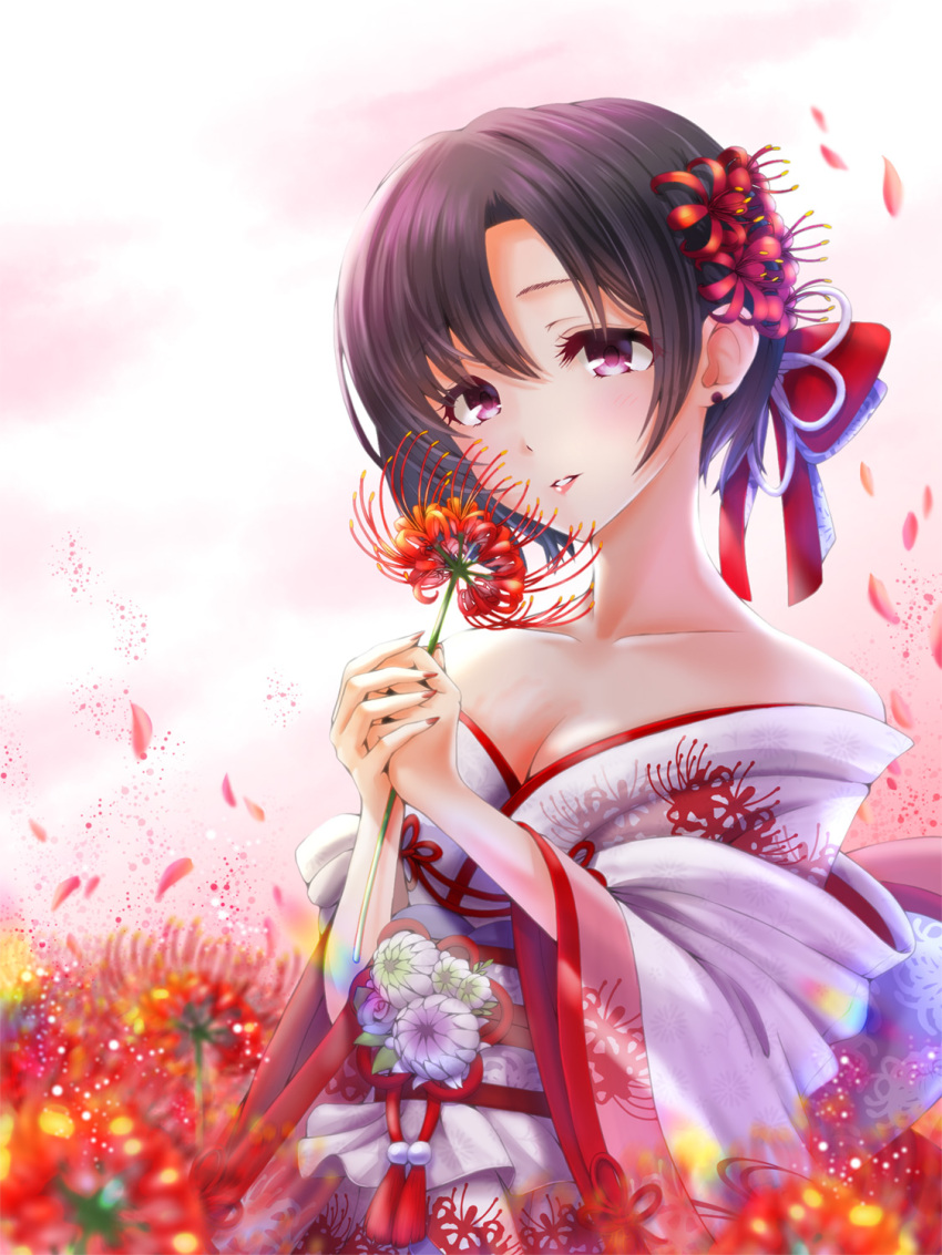 1girl, bare_shoulders, black_hair, breasts, chrysanthemum, commentary_request, field, floral_print