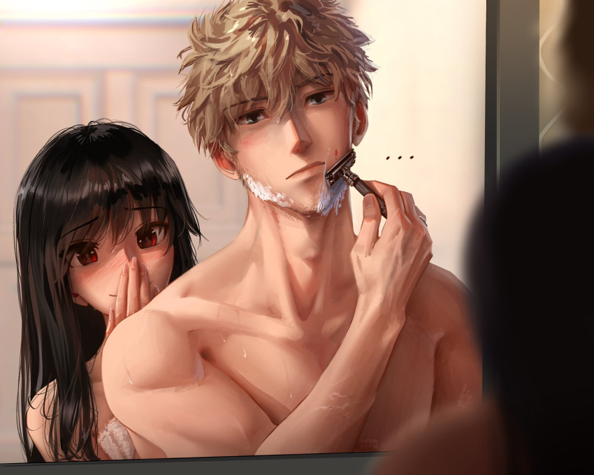 1boy, 1girl, black_hair, blonde_hair, blue_eyes, blush, commentary, highres, long_hair, messy_hair, red_eyes, safaia, shaving, short_hair, smile, spy_x_family, toned, twilight_(spy_x_family), untranslatable_commentary, yor_briar