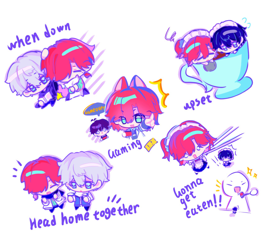3boys, :d, absurdres, blank_character, chibi, chibi_only, chinese_commentary, chopsticks