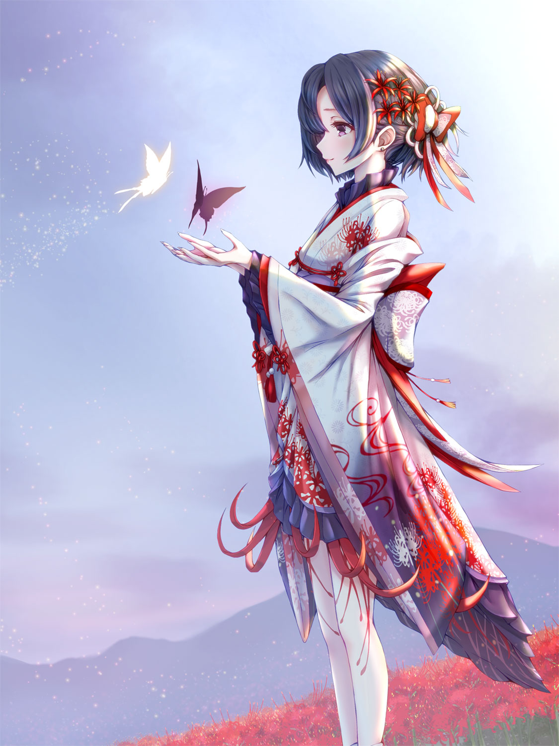1girl, black_hair, bug, butterfly, commentary_request, field, floral_print, flower