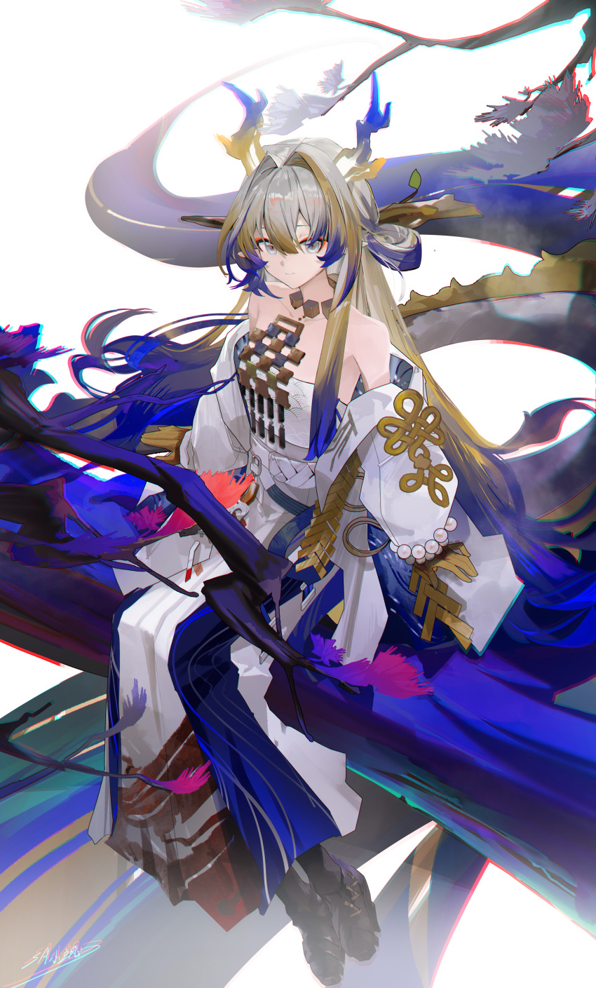 1girl, absurdres, arknights, arm_support, bead_bracelet, beads, blonde_hair, blue_hair