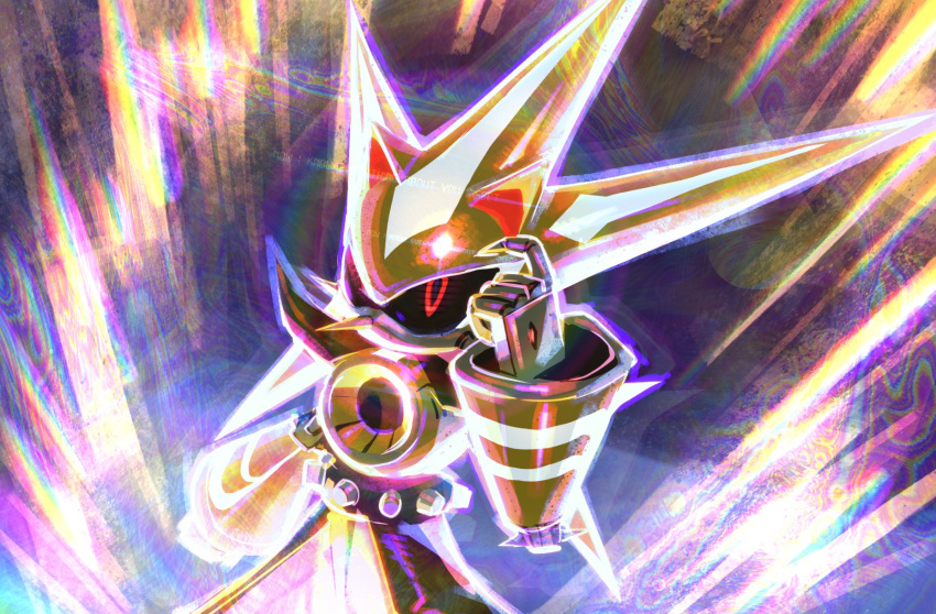 1boy, armor, belt, black_sclera, colored_sclera, cowboy_shot, gloves, gold_armor, hand_up, helmet, highres, holographicros3, looking_at_viewer, male_focus, metal_sonic, neo_metal_sonic, no_mouth, red_eyes, red_sclera, robot, solo, sonic_(series), standing, white_gloves