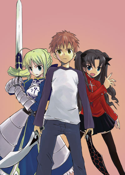 1boy, 2girls, armor, artoria_pendragon_(fate), black_hair, black_skirt, blonde_hair, brown_hair