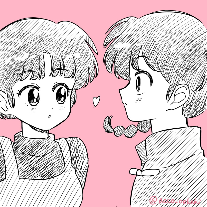 1boy, 1girl, acco_oekaki, braid, commentary_request, greyscale_with_colored_background, heart, highres