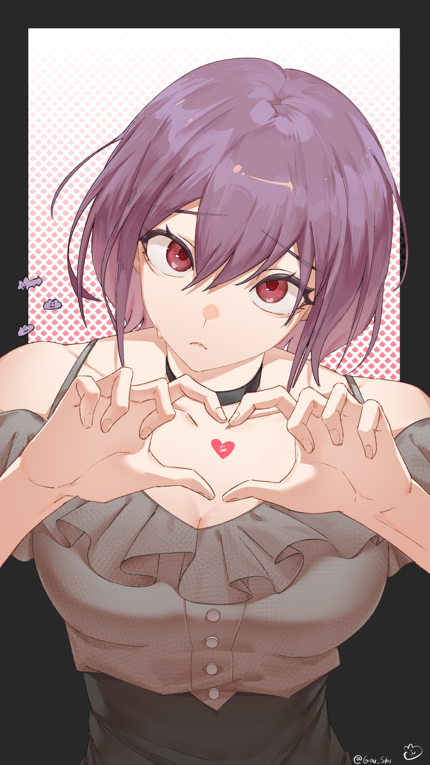 1girl, absurdres, bang_dream!, bang_dream!_it's_mygo!!!!!, bare_shoulders, black_background, black_skirt, breasts, choker, commentary_request, doodle_background, grey_shirt, heart, heart_hands, highres, large_breasts, looking_at_viewer, mikon_sama, miniskirt, purple_hair, red_eyes, shirt, short_hair, signature, skirt, sweatdrop, yuutenji_nyamu