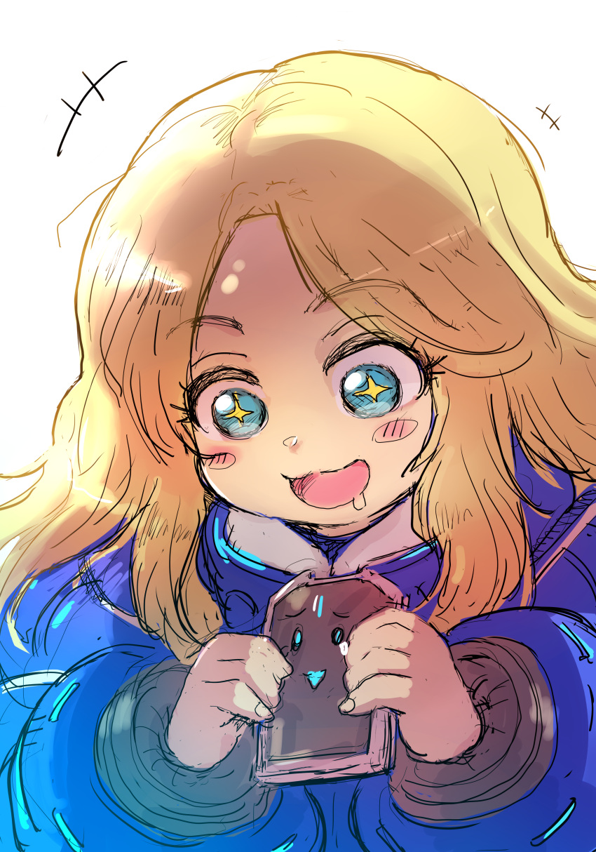 1girl, absurdres, aqua_eyes, blue_coat, coat, commentary_request, cookie, diana_(pragmata)