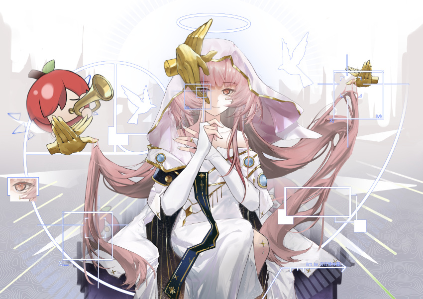 2girls, absurdres, ambience_synesthesia, arknights, commentary, disembodied_hand, dress, exusiai_(apple)_(arknights)