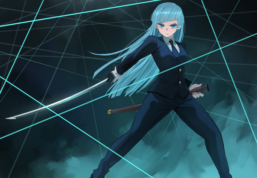 1girl, blue_background, blue_hair, blue_necktie, blue_pants, blue_suit, blunt_bangs, closed_mouth, collared_shirt, commentary, feet_out_of_frame, floating_ribbon, frown, highres, holding, holding_sheath, holding_sword, holding_weapon, jourd4n, jujutsu_kaisen, legs_apart, long_hair, long_sleeves, looking_at_viewer, miwa_kasumi, necktie, pants, serious, sheath, shirt, slashing, solo, suit, sword, touhou, v-shaped_eyebrows, weapon, white_shirt