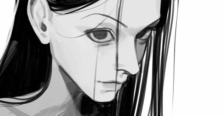 1boy, black_eyes, black_hair, commentary, highres, hunter_x_hunter, illumi_zoldyck, light_smile