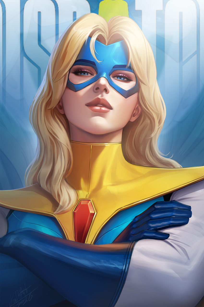 1girl, absurdres, amulet, artist_name, blonde_blazer, blonde_hair, blue_eyes, blue_gloves