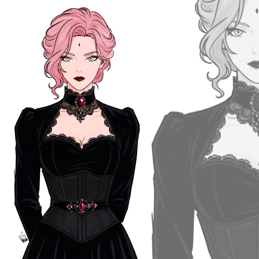 1girl, artist_logo, black_corset, black_dress, breasts, brooch, chococurrent, cleavage_cutout
