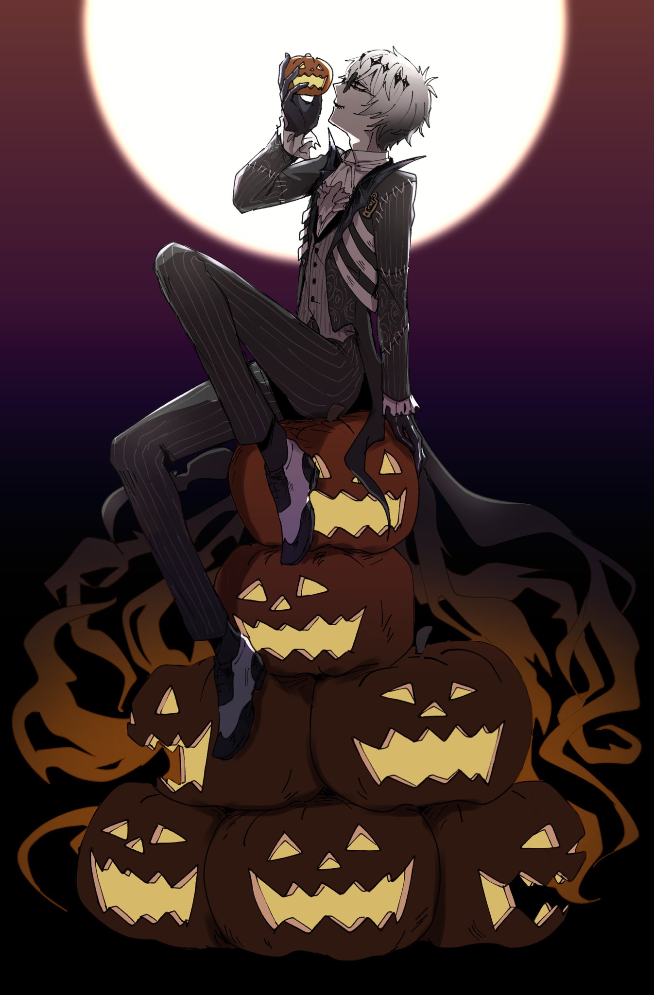 1boy, ascot, black_coat, coat, commentary_request, full_body, full_moon, grey_hair