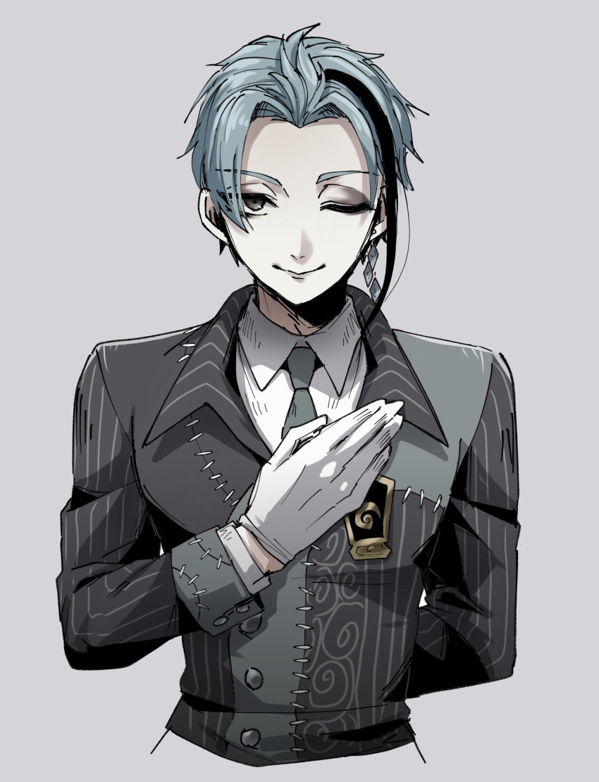 1boy, black_coat, blue_hair, coat, commentary_request, cropped_torso, gloves, grey_background