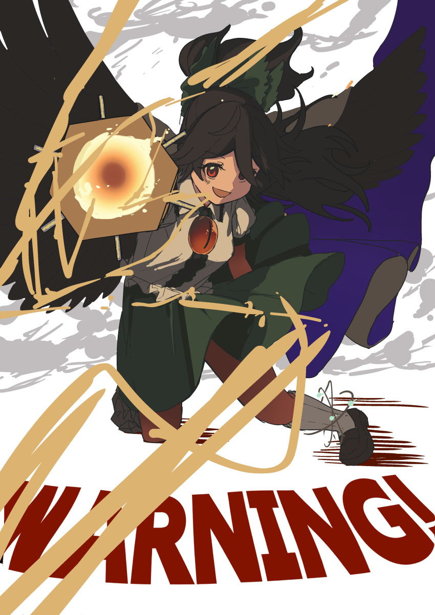 1girl, absurdres, aiming, aiming_at_viewer, arm_cannon, black_shoes, black_wings, bow