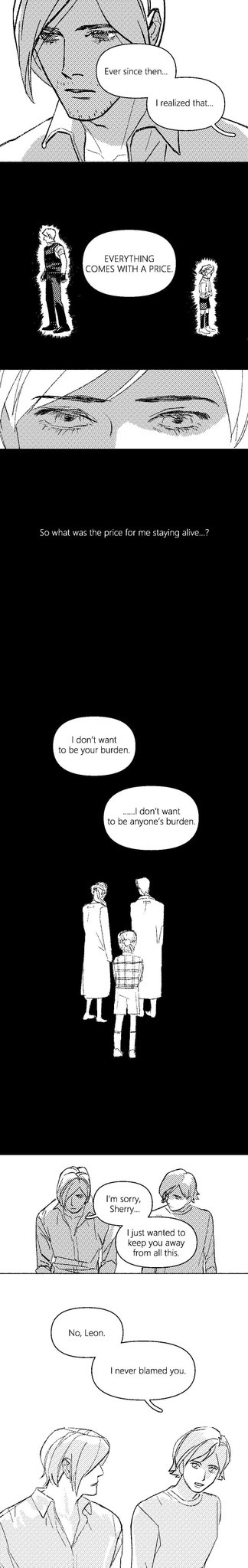 2boys, 2girls, annette_birkin, bandaged_arm, bandages, beard_stubble, collared_shirt, commentary, dual_persona, english_commentary, english_text, facial_hair, father_and_child, greyscale, highres, leon_s._kennedy, long_sleeves, monochrome, mother_and_child, multiple_boys, multiple_girls, parent_and_child, resident_evil, resident_evil_2, screentones, sherry_birkin, shirt, short_hair, speech_bubble, stubble, talking, tall_image, william_birkin, xianyu_chuan