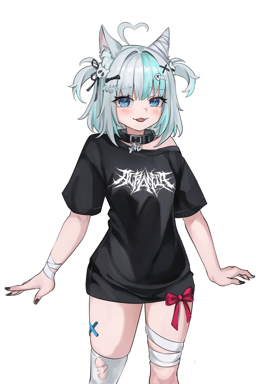 1girl, absurdres, acrania_(band), ahoge, animal_ears, bandages, black_shirt, blue_eyes