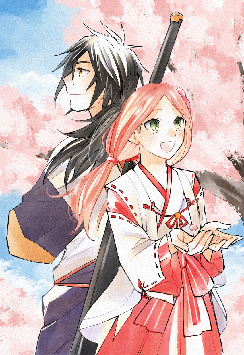1boy, 1girl, absurdres, back-to-back, black_hair, blue_sky, cherry_blossoms, chihaya_(clothing)