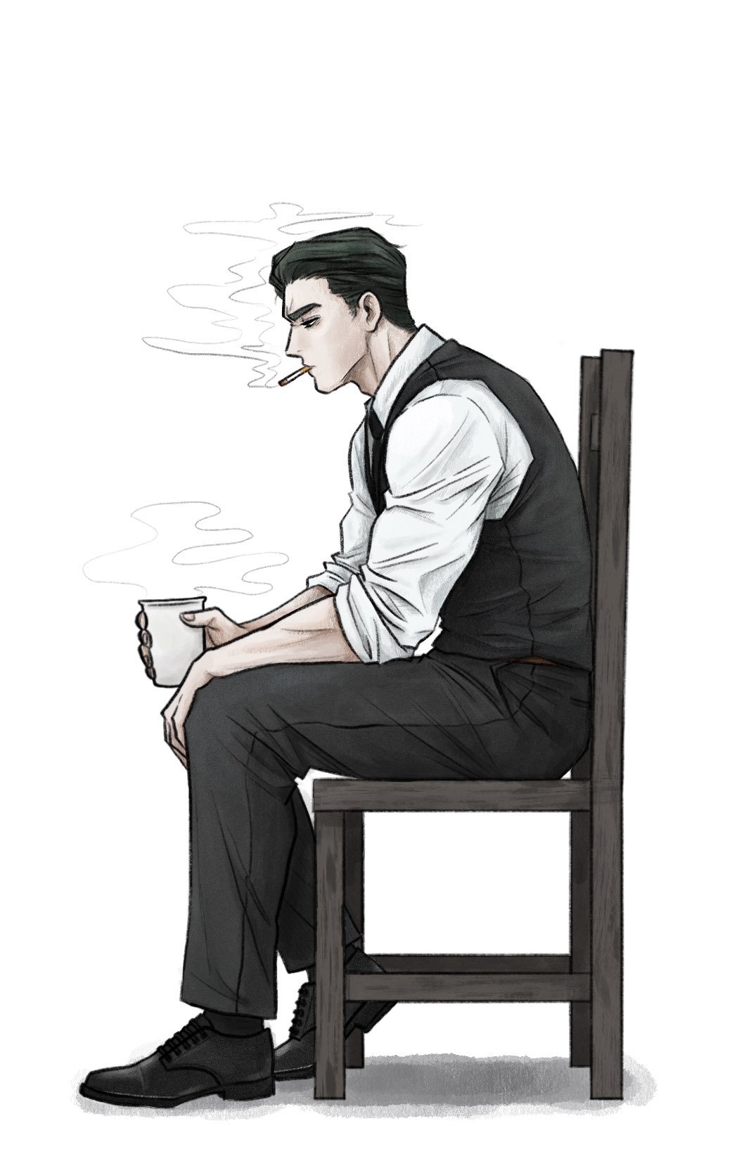 1boy, 3dravstbuyte05, black_hair, black_vest, cigarette, cup, from_side, full_body, hair_slicked_back, highres, holding, holding_cup, limbus_company, long_sleeves, looking_to_the_side, male_focus, meursault_(project_moon), muscular, muscular_male, project_moon, shirt, short_hair, sleeves_rolled_up, slouching, smoke, smoke_trail, smoking, solo, steaming_cup, vest, white_shirt