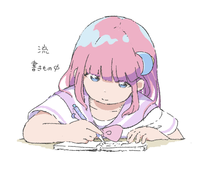 arm_rest, blue_hair, bow, bowtie, commentary_request, crescent, crescent_hair_ornament, dot_nose
