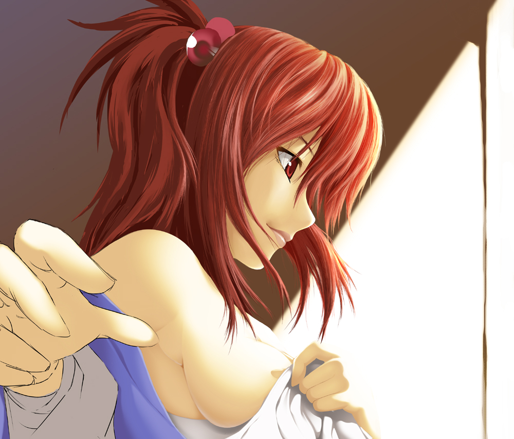 bare_shoulders, breasts, bust, covering, covering_breasts, dressing, foreshortening, hair_bobbles