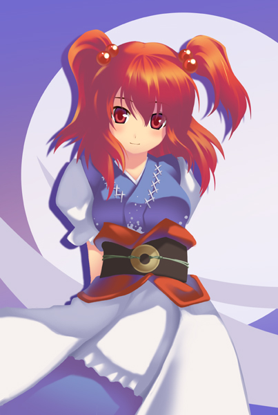 arms_behind_back, blush, coin, hair_bobbles, hair_ornament, murachou_sakamura, obi, onozuka_komachi