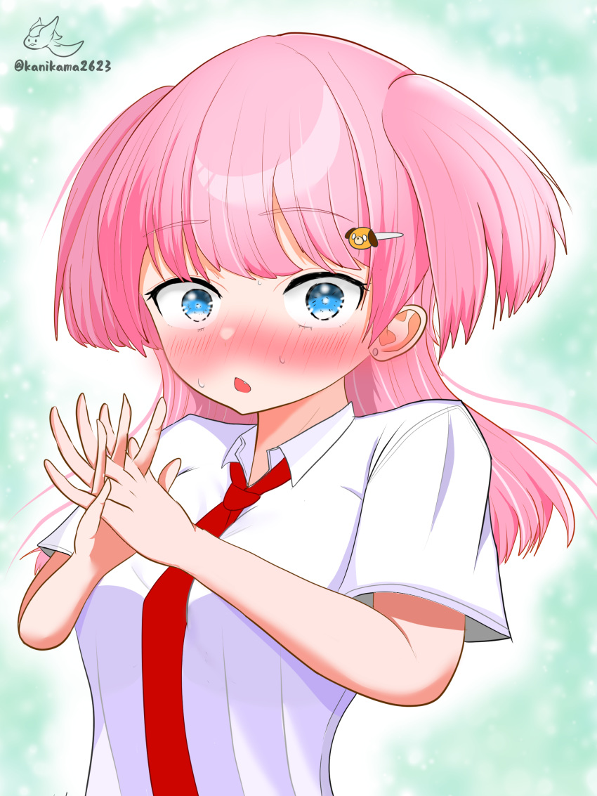1girl, absurdres, artist_name, blue_eyes, blush, collared_shirt, commentary_request, hair_ornament
