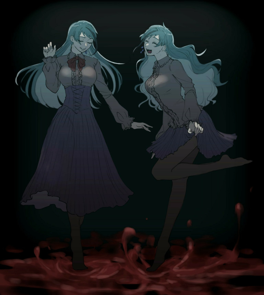 2girls, black_background, blood, blood_on_ground, blue_hair, closed_eyes, commentary_request, floyd_leech, frilled_sleeves, frills, full_body, genderswap, genderswap_(ftm), grey_shirt, highres, jade_leech, long_hair, long_sleeves, mitsuro_illust, multiple_girls, pool_of_blood, puffy_long_sleeves, puffy_sleeves, sharp_teeth, shirt, siblings, simple_background, sisters, skirt, standing, teeth, twins, twisted_wonderland