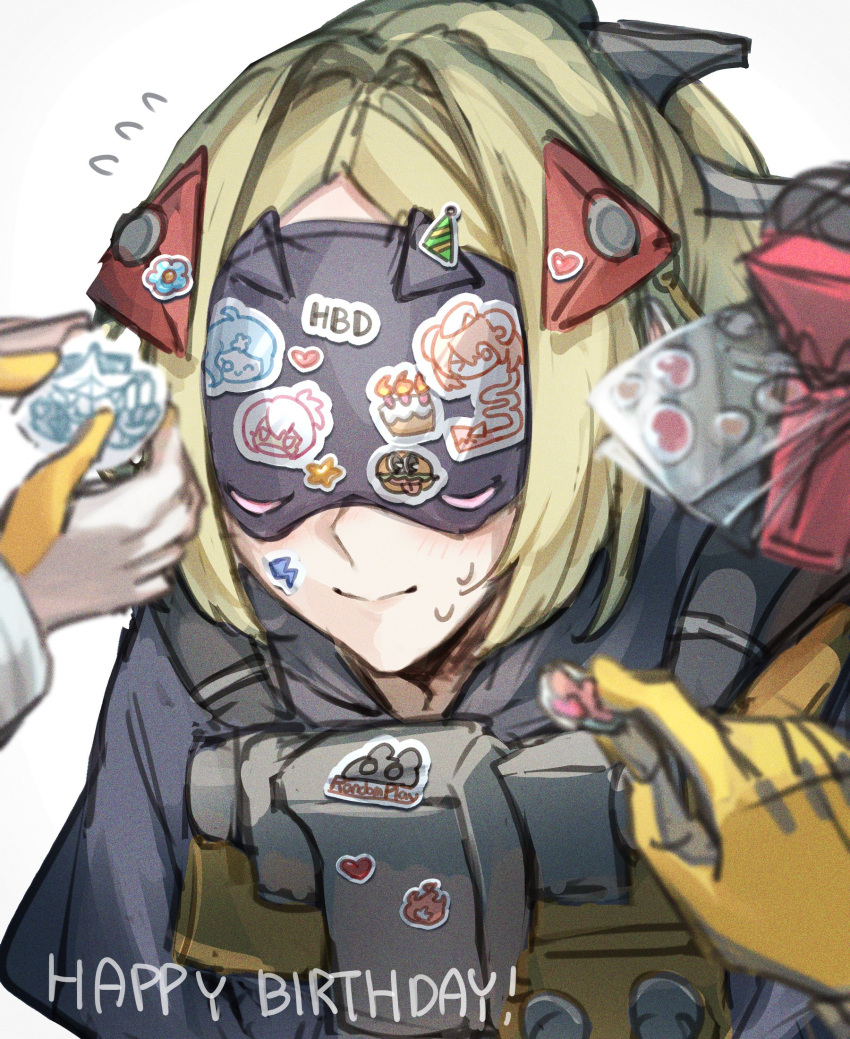 3girls, blindfold_mask, blonde_hair, blush, character_sticker, closed_mouth, commentary, covered_eyes