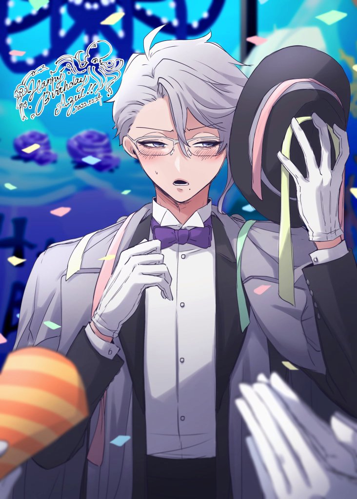 3boys, averting_eyes, azul_ashengrotto, birthday, blue_background, blue_eyes, blush, clapping