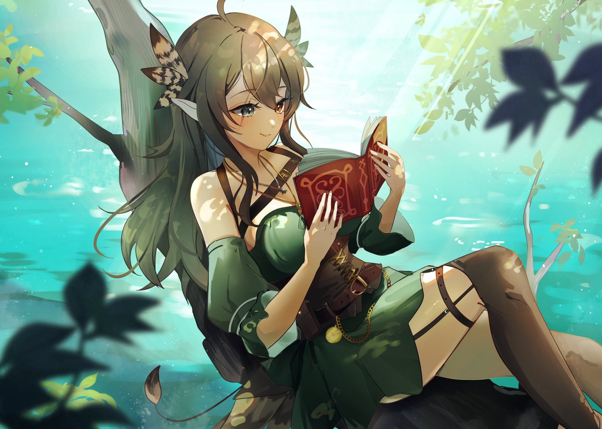 1girl, ahoge, bird_girl, bird_tail, book, breasts, brown_corset, brown_feathers