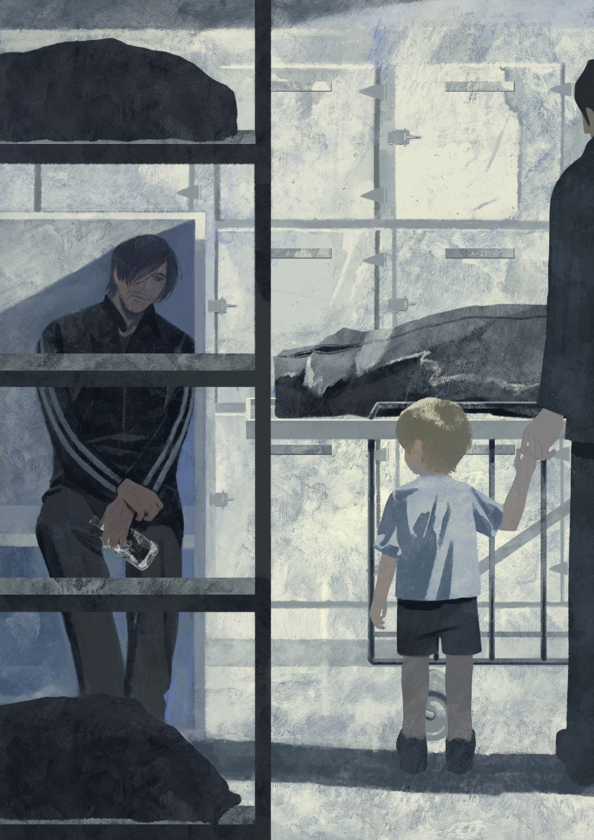 1other, 2boys, black_shorts, blonde_hair, body_bag, brown_hair, character_request, child