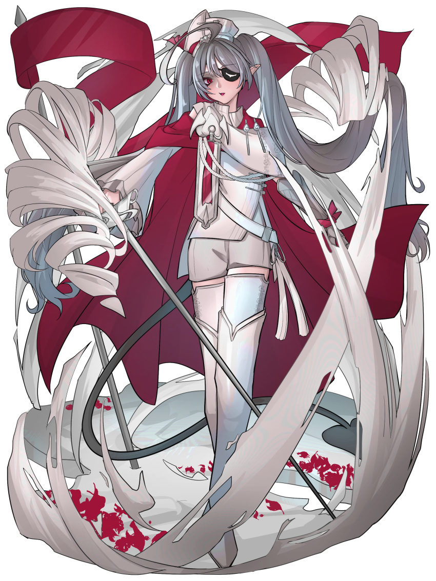 1girl, absurdres, ahoge, boots, cape, dradra_tw, dress, eyepatch
