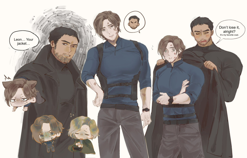 1girl, 2boys, beard_stubble, black_coat, black_eyes, blue_shirt, blush, brown_hair, chest_holster, chibi, chibi_inset, chris_redfield, coat, collared_shirt, crossed_arms, dressing_another, facial_hair, grace_ashcroft, hand_on_own_hip, head_tilt, highres, leon_s._kennedy, multiple_boys, muscular, muscular_male, open_clothes, open_coat, popped_collar, requieluc, resident_evil, resident_evil_requiem, shirt, short_hair, stubble