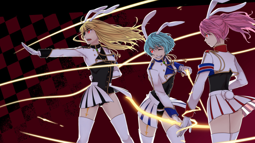 animal_ears, arm_behind_back, arrow, blonde_hair, blue_hair, bow_(weapon), bunny_ears, bunny_tail, checkered, checkered_background, eyepatch, gloves, glowing, grin, highres, long_hair, long_sleeves, multiple_girls, open_mouth, outstretched_arm, pink_hair, pm_(pomdim), ponytail, red_background, red_eyes, short_hair, showgirl_skirt, siesta00, siesta410, siesta45, siesta_sisters, skirt, smile, tail, tattoo, thighhighs, umineko_no_naku_koro_ni, uniform, weapon, white_gloves, white_legwear, wink