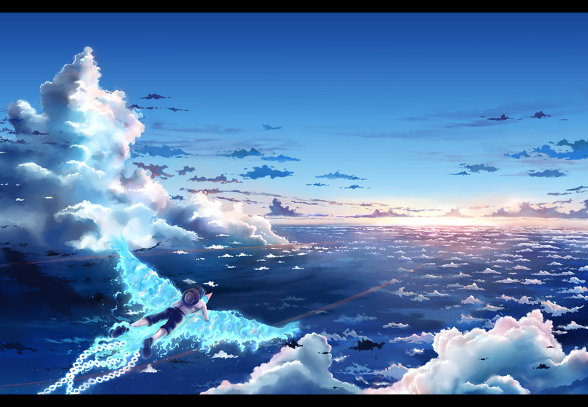 1boy, animal, bird, boy, clouds, letterboxed, megatruh, one_piece, portgas_d_ace, scenic, sky, solo