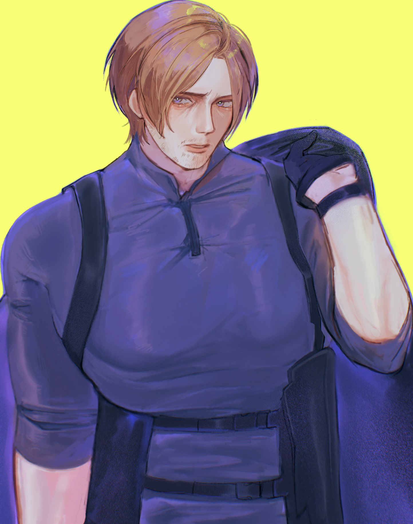 1boy, aegyo_sal, black_gloves, blonde_hair, blue_eyes, chest_holster, commentary, gloves