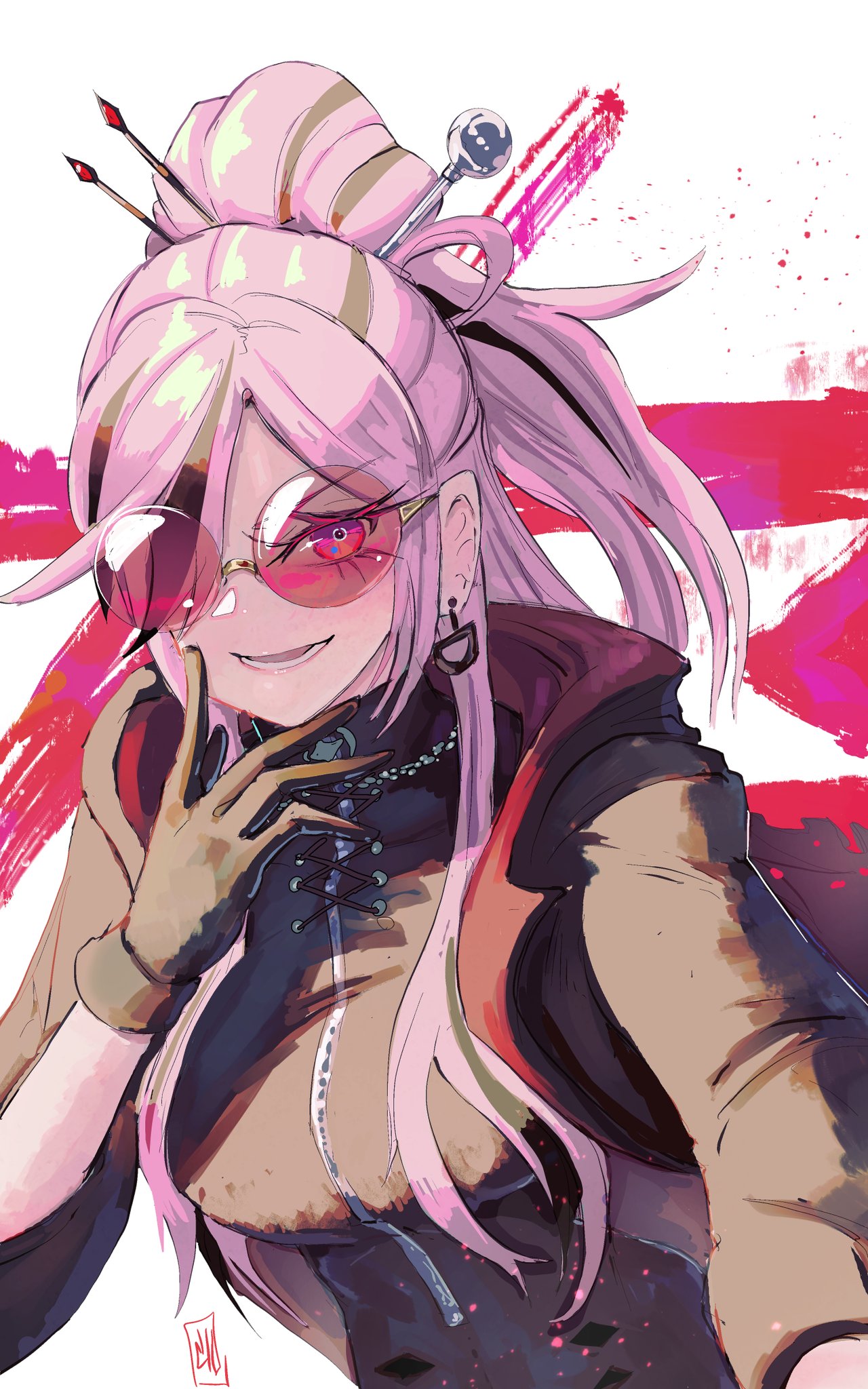 1girl, black_gloves, black_streaks, boutsoftheblind, commentary, english_commentary, glasses, gloves, highres, hololive, hololive_english, long_hair, looking_at_viewer, mori_calliope, mori_calliope_(ferrywoman), multicolored_hair, official_alternate_costume, open_mouth, pink_hair, red-tinted_eyewear, sidelocks, smile, solo, streaked_hair, tinted_eyewear, virtual_youtuber