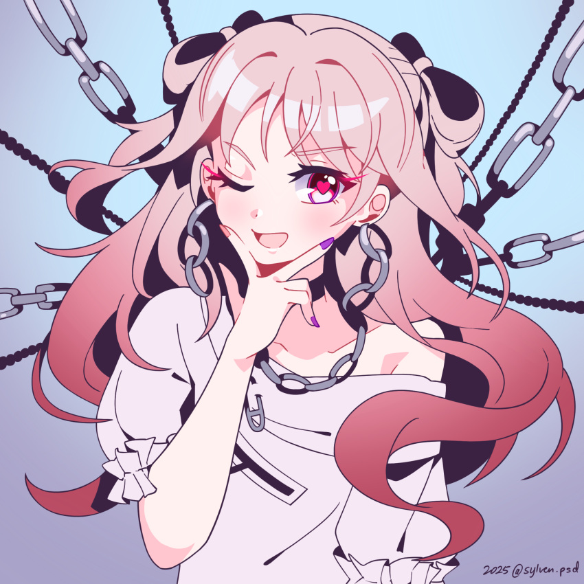 1other, ;d, akiyama_mizuki, alternate_hair_length_(longer), artist_name, black_choker, blue_background, chain