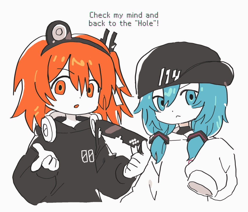 2girls, a.i._voice, adachi_rei, baseball_cap, black_hat, black_hoodie, blue_eyes, blue_hair