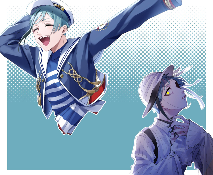 1boy, blue_background, blue_hair, commentary_request, floyd_leech, floyd_leech_(halloween), floyd_leech_(port_wear), halftone, halftone_background, hat, highres, jacket, looking_at_viewer, male_focus, mitsuro_illust, multiple_views, sailor, sailor_hat, sharp_teeth, short_hair, teeth, twisted_wonderland, upper_body, yellow_eyes