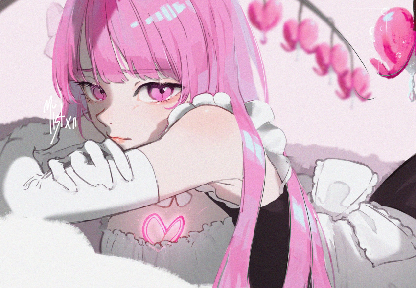 1girl, blunt_bangs, detached_sleeves, highres, long_hair, looking_at_viewer, lying, maid